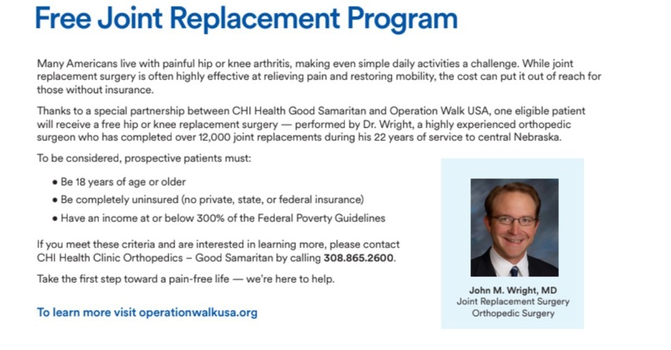 Good Samaritan Searching for Prospective Patient to Benefit From No-Cost Joint Replacement Surgery