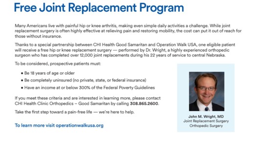 Good Samaritan Searching for Prospective Patient to Benefit From No-Cost Joint Replacement Surgery