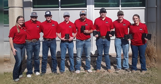 Team members (Nebraska hometowns, unless otherwise listed L – R): Delany Salm (1st year), Kendall, WI; Jay Mintling (1st year), Hayes Center; Wyatt Myers (1st year), McCook, Sean Lucas (1st year), Bailey, CO; Owen Harb (1st year), Grand Island; Tyler Keener (2nd year), Mitchell; Chase Glover (2nd year), Grand Island; and Leah Schutz (1st year), Elwood.
