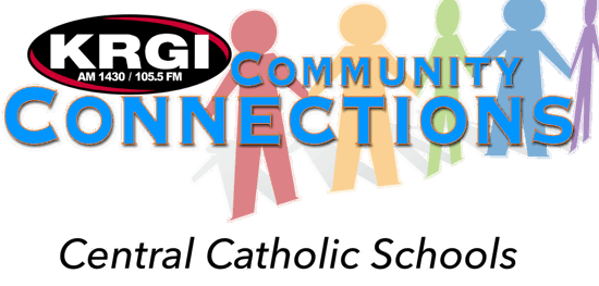 KRGI-AM logo with the words Community Connection Central Catholic Schools.